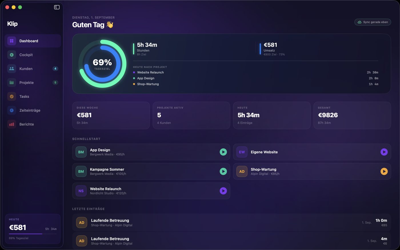 Klip Dashboard auf dem Mac